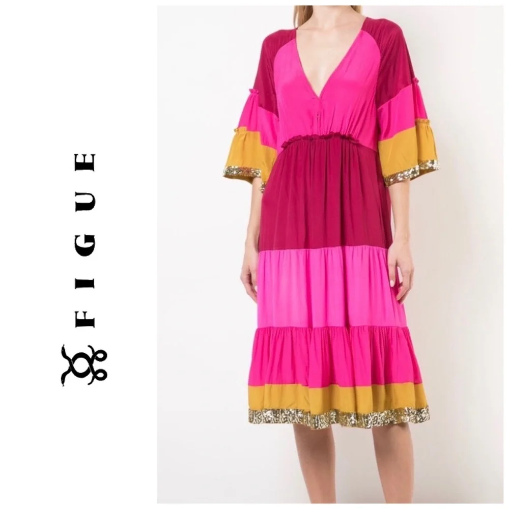 NWT Figue  Silk Crepe Colorblock Gold Sequin  Trim Midi Dress Bohemian Gypsy - Picture 4 of 16